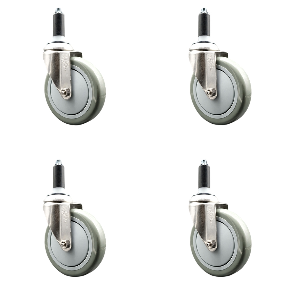 Polyurethane Swivel Stem Caster with 5 in. Gray Caster Wheels, 1.13 in. Expanding Stems - 316 Stainless Steel Casters - Set of 4