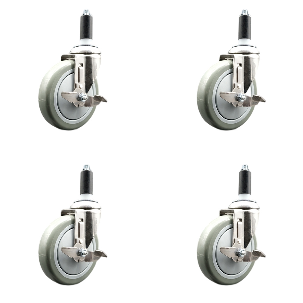 Polyurethane Swivel Stem Caster with 5 in. Gray Caster Wheels, 1.13 in. Expanding Stems - 316 Stainless Steel Casters - Set of 4