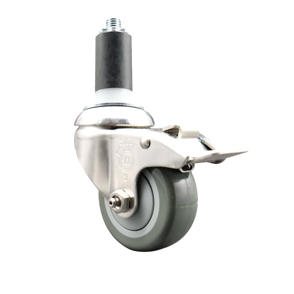 Polyurethane Swivel Stem Caster with 3.5 in. Gray Caster Wheels & Total Lock Brake, 1.25 in. Expanding Stem - 316 Stainless Steel Caster