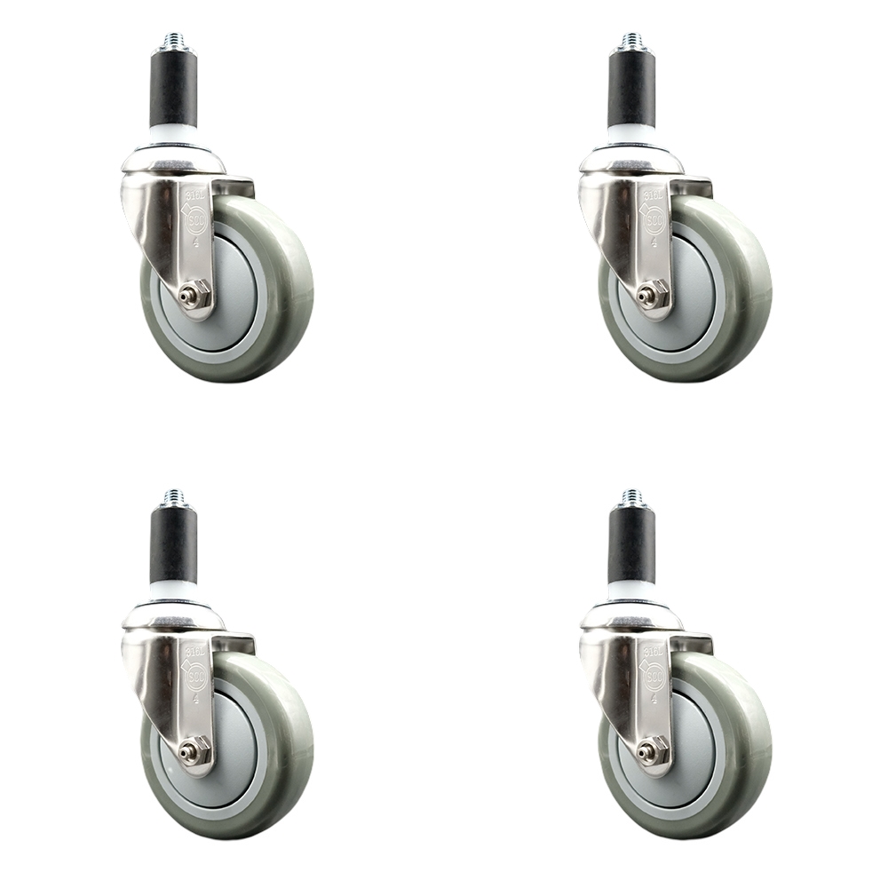 Polyurethane Swivel Stem Caster with 4 in. Gray Caster Wheels, 1.25 in. Expanding Stems - 316 Stainless Steel Casters - Set of 4