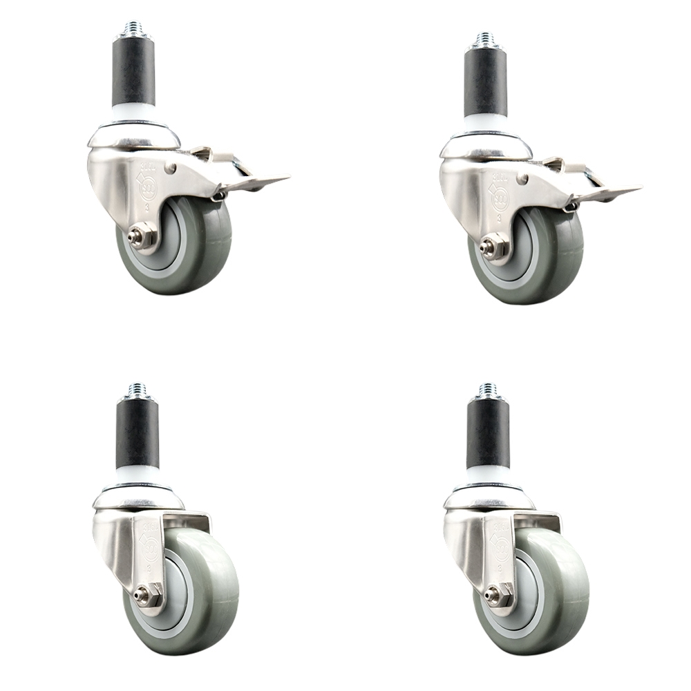 Polyurethane Swivel Stem Caster with 3.5 in. Gray Caster Wheels, 1.38 in. Expanding Stem - 316 Stainless Steel Casters - Set of 4