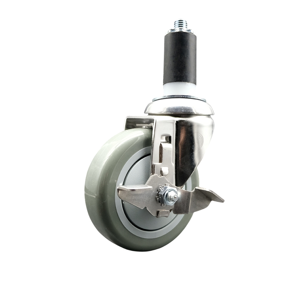 Polyurethane Swivel Stem Caster with 4 in. Gray Caster Wheels & Top Lock Brake, 1.38 in. Expanding Stem - 316 Stainless Steel Caster
