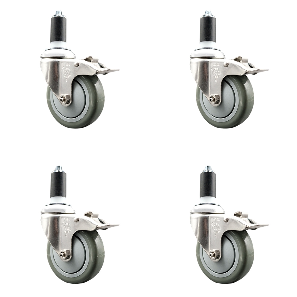 Polyurethane Swivel Stem Caster with 4 in. Gray Caster Wheels, 1.38 in. Expanding Stems - 316 Stainless Steel Casters - Set of 4