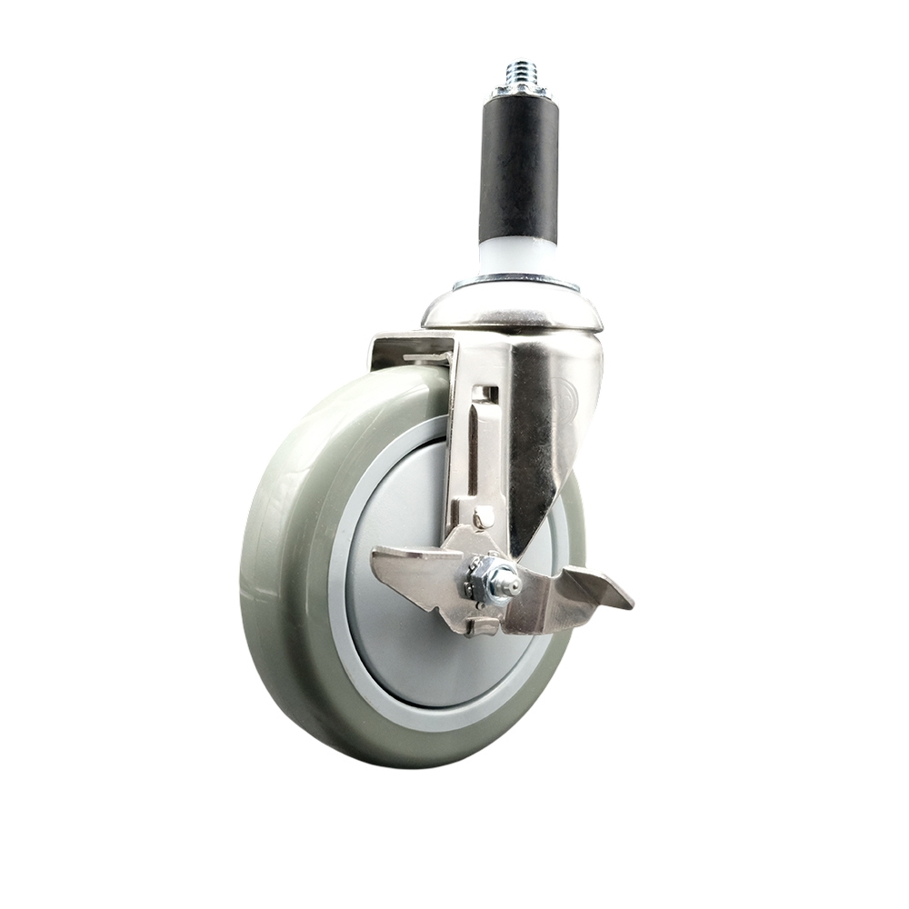 Polyurethane Swivel Stem Caster with 5 in. Gray Caster Wheels & Top Lock Brake, 1.38 in. Expanding Stem - 316 Stainless Steel Caster