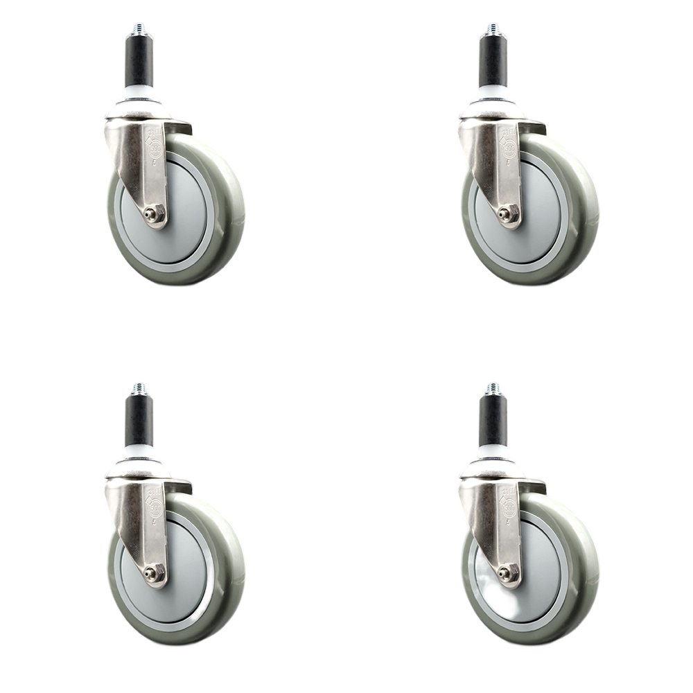 Polyurethane Swivel Stem Caster with 5 in. Gray Caster Wheels, 1.38 in. Expanding Stems - 316 Stainless Steel Casters - Set of 4