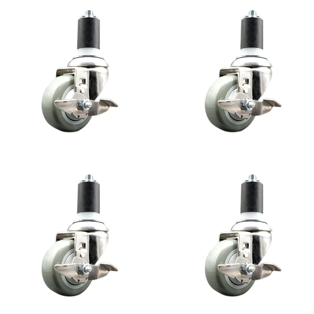 Polyurethane Swivel Stem Caster with 3.5 in. Gray Caster Wheels, 1.63 in. Expanding Stems - 316 Stainless Steel Casters - Set of 4