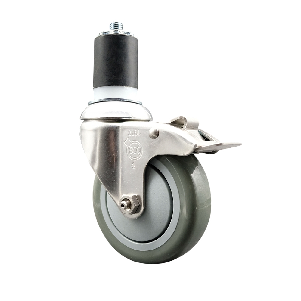 Polyurethane Swivel Stem Caster with 4 in. Gray Caster Wheels & Total Lock Brake, 1.75 in. Expanding Stem - 316 Stainless Steel Caster