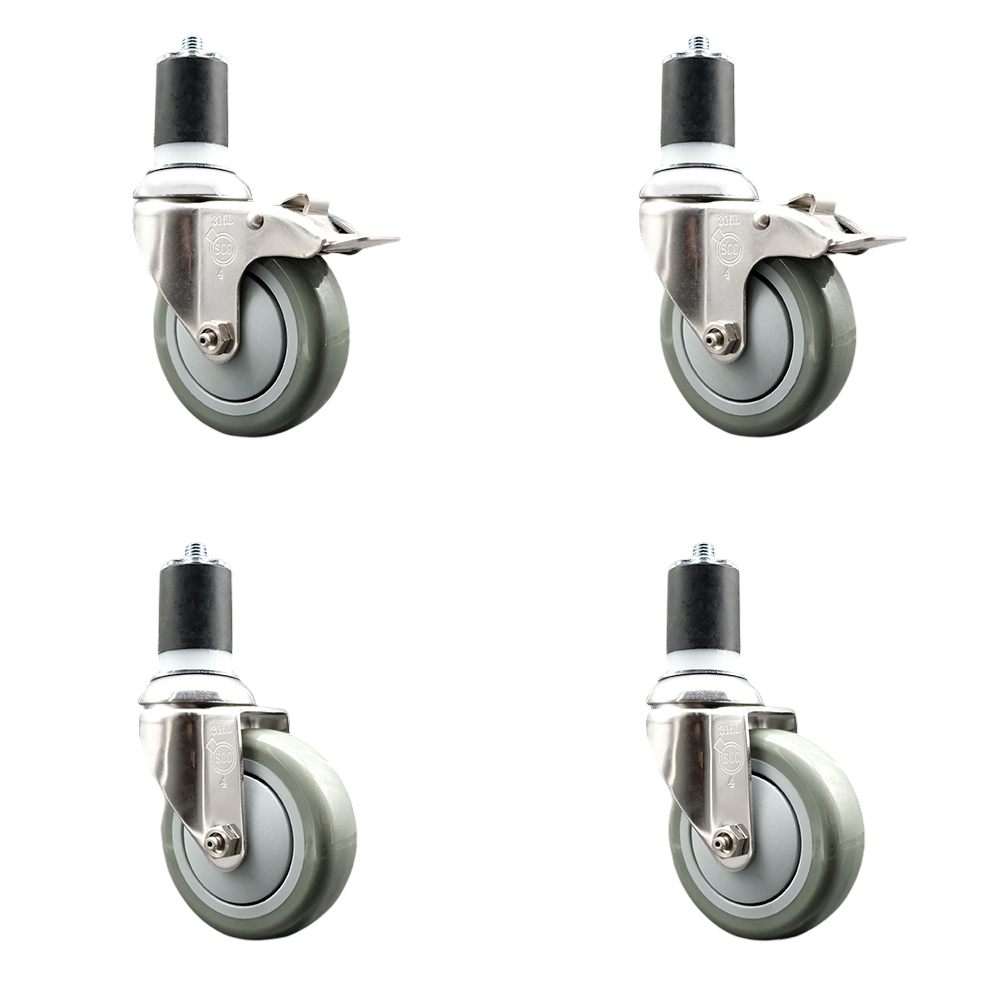 Polyurethane Swivel Stem Caster with 4 in. Gray Caster Wheels, 1.75 in. Expanding Stem - 316 Stainless Steel Casters - Set of 4