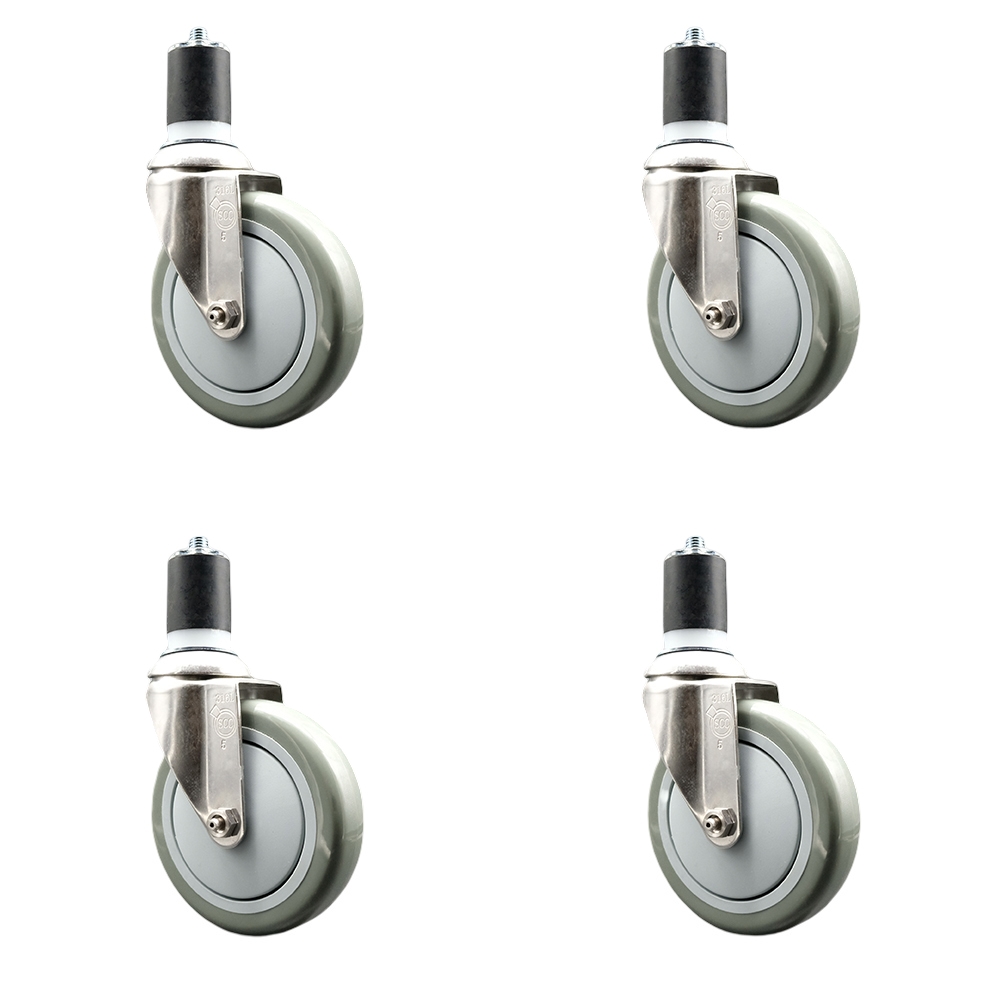 Polyurethane Swivel Stem Caster with 5 in. Gray Caster Wheels, 1.75 in. Expanding Stems - 316 Stainless Steel Casters - Set of 4