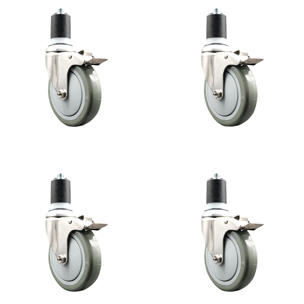 Polyurethane Swivel Stem Caster with 5 in. Gray Caster Wheels, 1.75 in. Expanding Stems - 316 Stainless Steel Casters - Set of 4