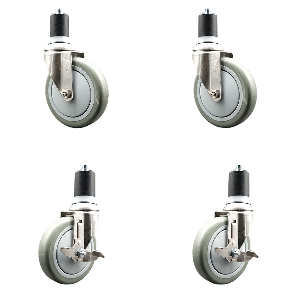 Polyurethane Swivel Stem Caster with 5 in. Gray Caster Wheels, 1.75 in. Expanding Stems - 316 Stainless Steel Casters - Set of 4