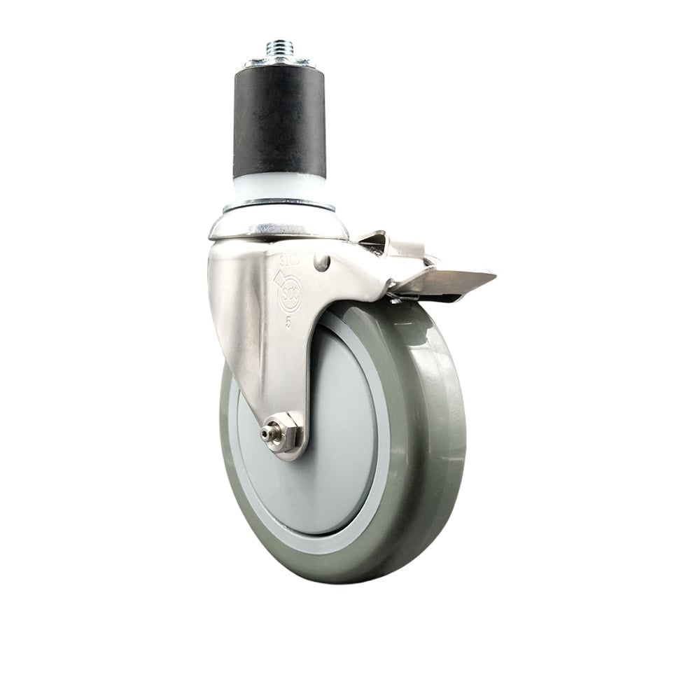 Polyurethane Swivel Stem Caster with 5 in. Gray Caster Wheels & Total Lock Brake, 1.87 in. Expanding Stem - 316 Stainless Steel Caster