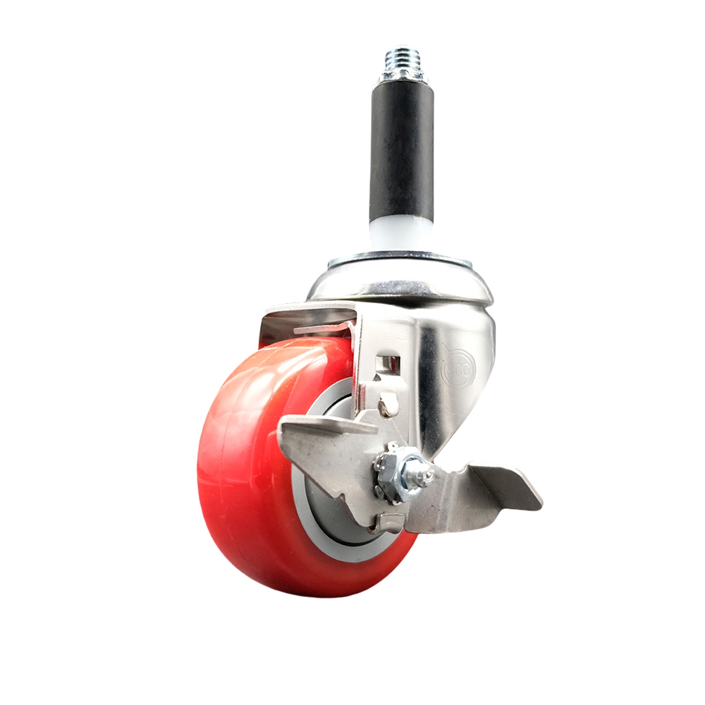 Polyurethane Swivel Stem Caster with 3 in. Red Caster Wheels & Top Lock Brake, 0.75 in. Expanding Stem - 316 Stainless Steel Caster