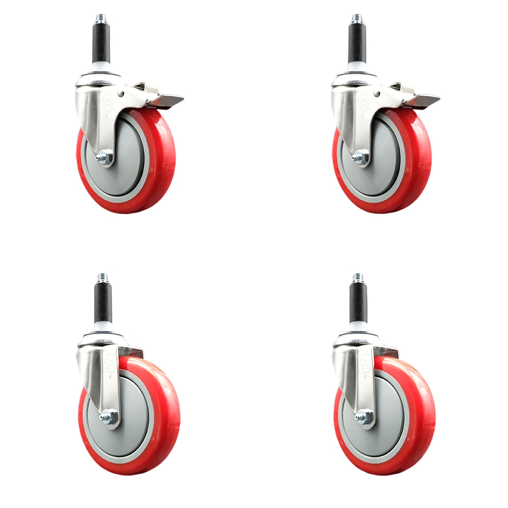 Polyurethane Swivel Stem Caster with 5 in. Red Caster Wheels, 0.75 in. Expanding Stem - 316 Stainless Steel Casters - Set of 4