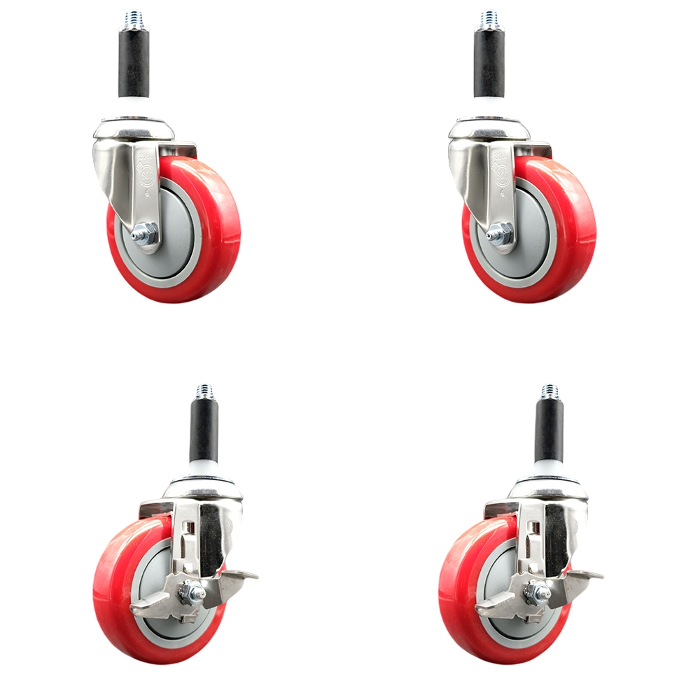 Polyurethane Swivel Stem Caster with 4 in. Red Caster Wheels, 0.87 in. Expanding Stems - 316 Stainless Steel Casters - Set of 4