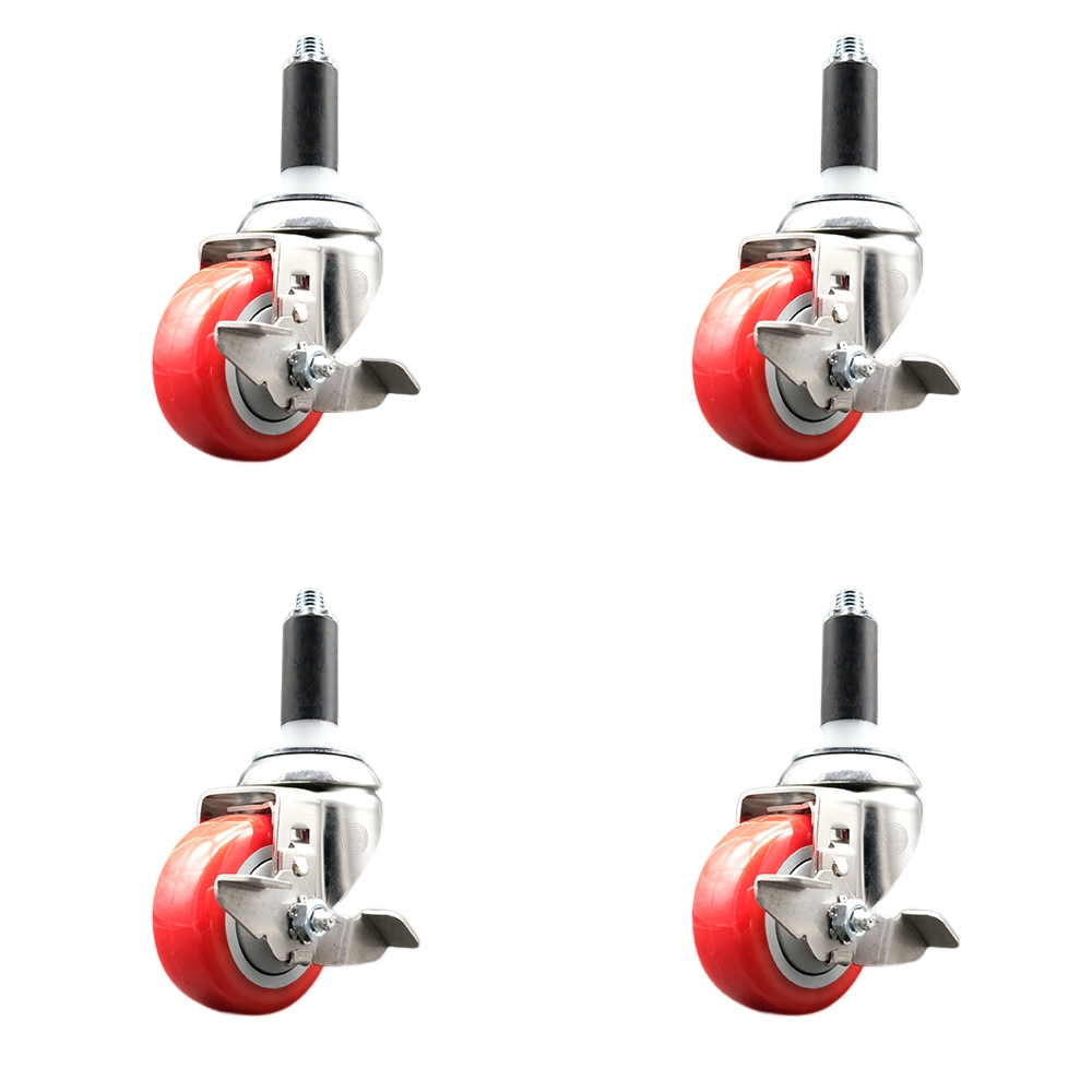 Polyurethane Swivel Stem Caster with 3 in. Red Caster Wheels, 1.13 in. Expanding Stems - 316 Stainless Steel Casters - Set of 4