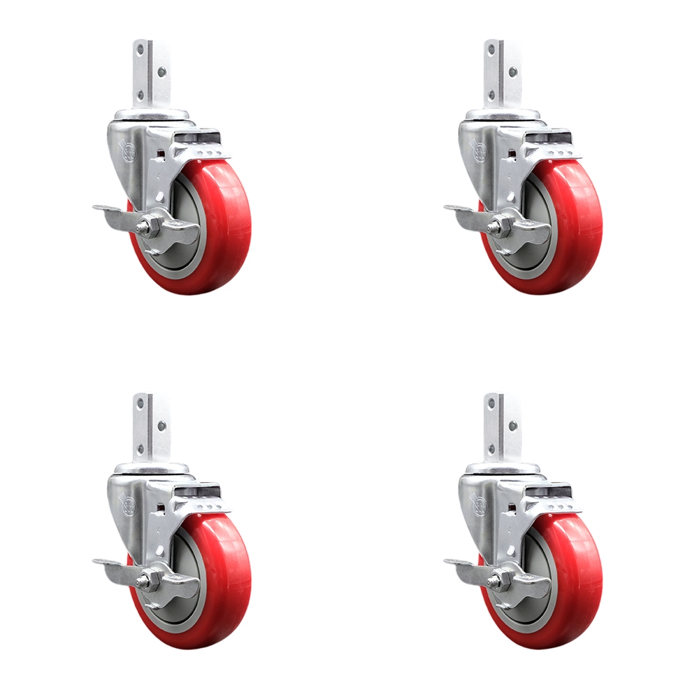 Swivel Square Stem Caster with 4 x 1.25 in. Red Poly Wheel, 0.87 x 2 in. Square Stem with 3 0.26 in. Diameter Mounting Holes - Set of 4