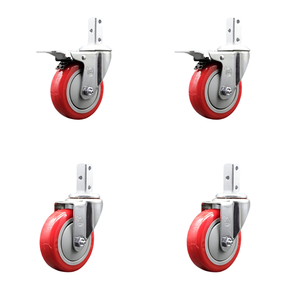 Swivel Square Stem Caster with 4 x 1.25 in. Red Poly Wheel, 0.87 x 2 in. Square Stem with 3 0.26 in. Diameter Mounting Holes - Set of 4