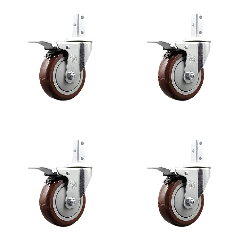 Swivel Square Stem Caster with 4 x 1.25 in. Maroon Poly Wheel, 0.87 x 2 in. Square Stem with 3 0.26 in. Diameter Mounting Holes - Set of 4