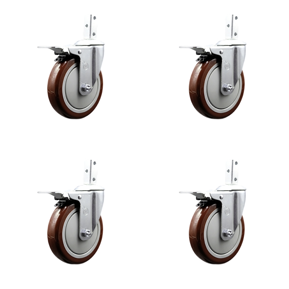 Swivel Square Stem Caster with 5 x 1.25 in. Maroon Poly Wheel, 0.75 x 2 in. Square Stem with 3 0.26 in. Diameter Mounting Holes - Set of 4