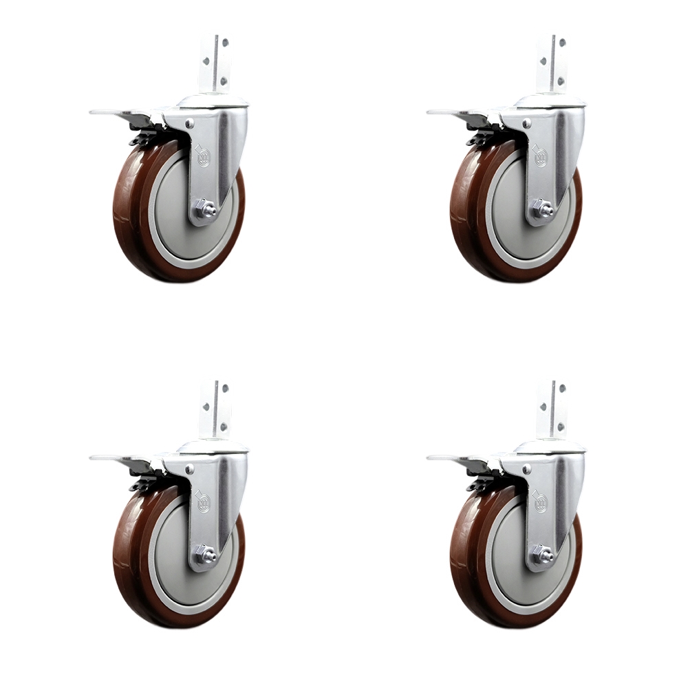 Swivel Square Stem Caster with 5 x 1.25 in. Maroon Poly Wheel, 0.87 x 2 in. Square Stem with 3 0.26 in. Diameter Mounting Holes - Set of 4