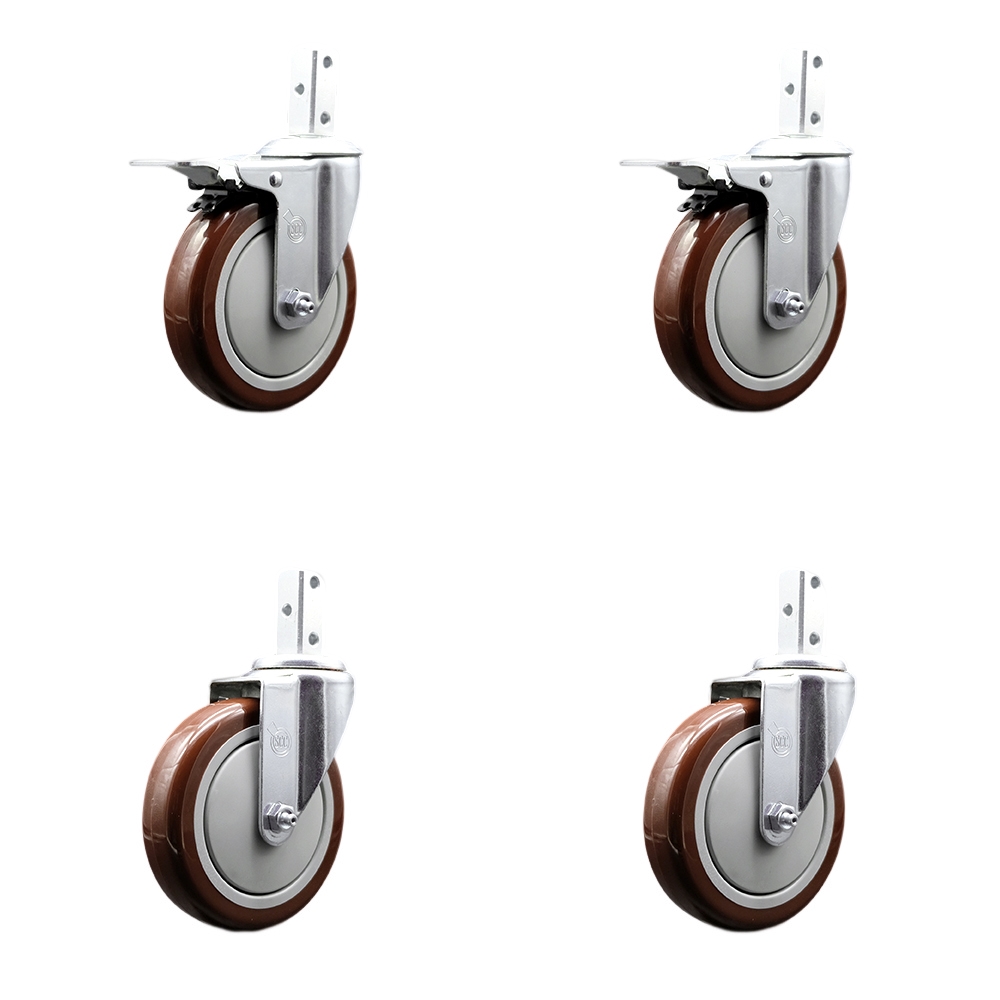Swivel Square Stem Caster with 5 x 1.25 in. Maroon Poly Wheel, 0.87 x 2 in. Square Stem with 3 0.26 in. Diameter Mounting Holes - Set of 4