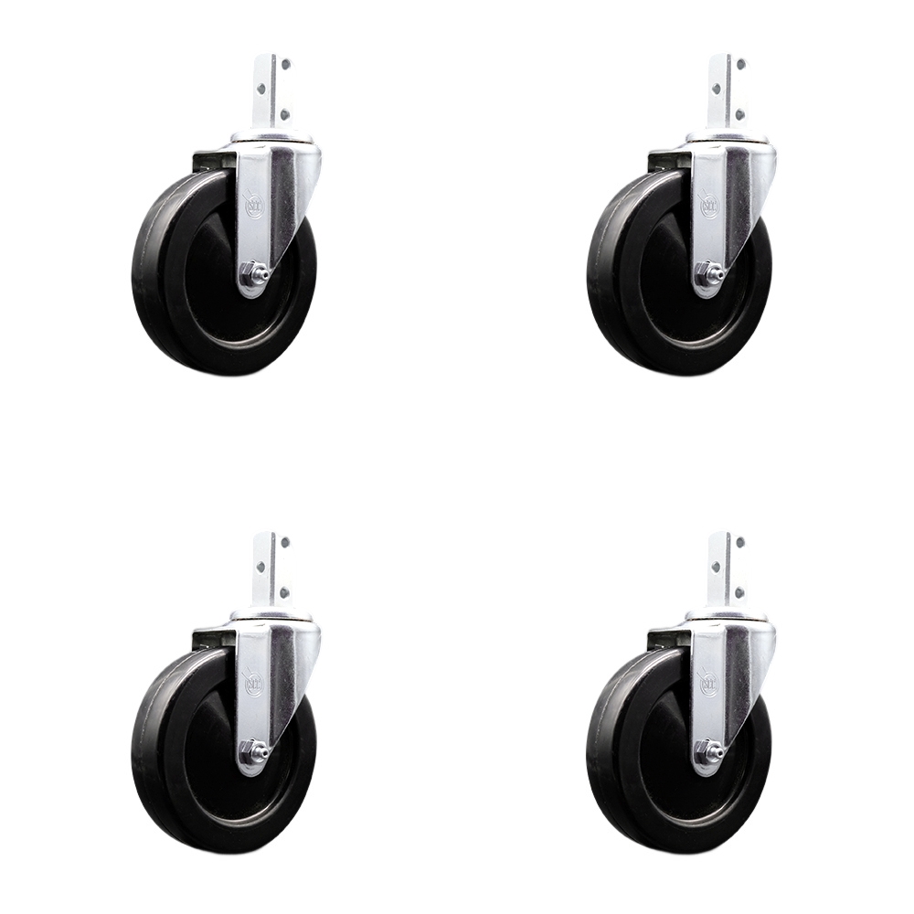Swivel Square Stem Caster with 5 x 1.25 in. Black Soft Rubber Wheel, 0.87 x 2 in. Square Stem with 3 0.26 in. Diameter Mounting Holes - Set of 4
