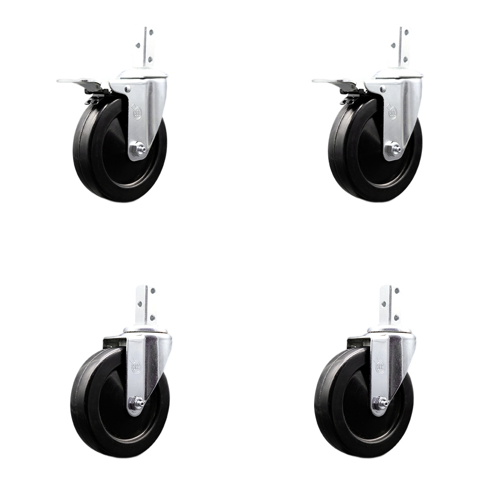 Swivel Square Stem Caster with 5 x 1.25 in. Black Soft Rubber Wheel, 0.87 x 2 in. Square Stem with 3 0.26 in. Diameter Mounting Holes - Set of 4