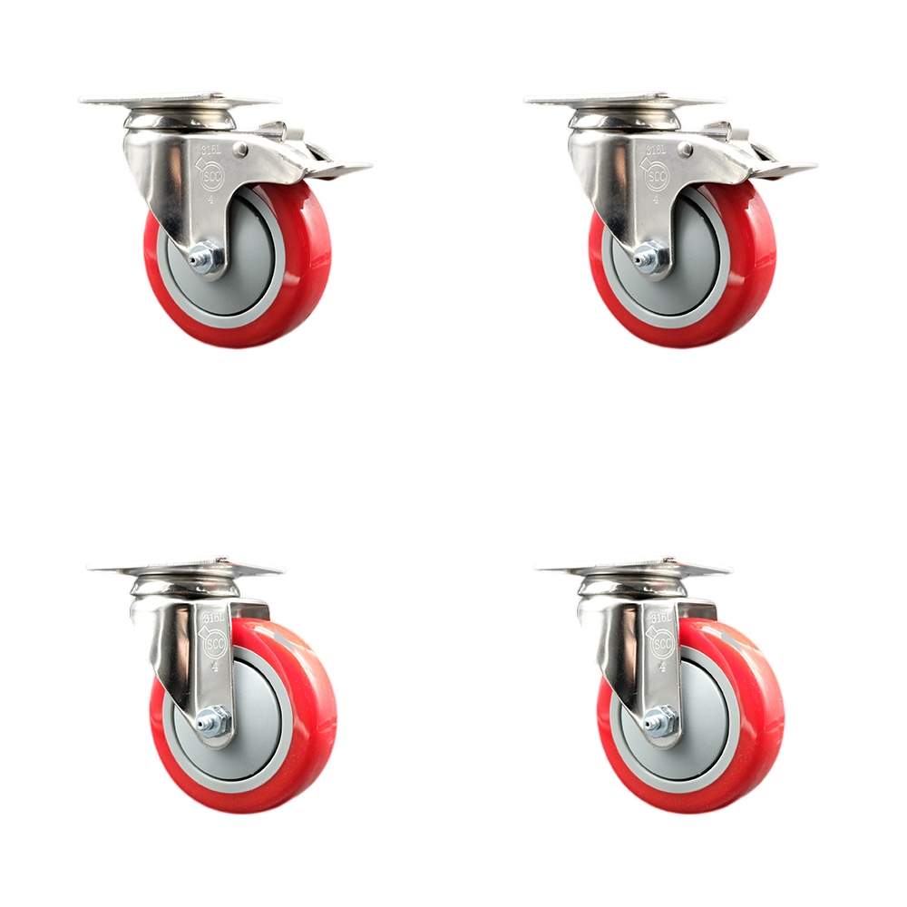SCC-SS316TTL20S414-PPUB-RED-2-S-2 Polyurethane Swivel Top Plate Caster with 4 in. 316 Stainless Steel Red Wheels - Set of 4