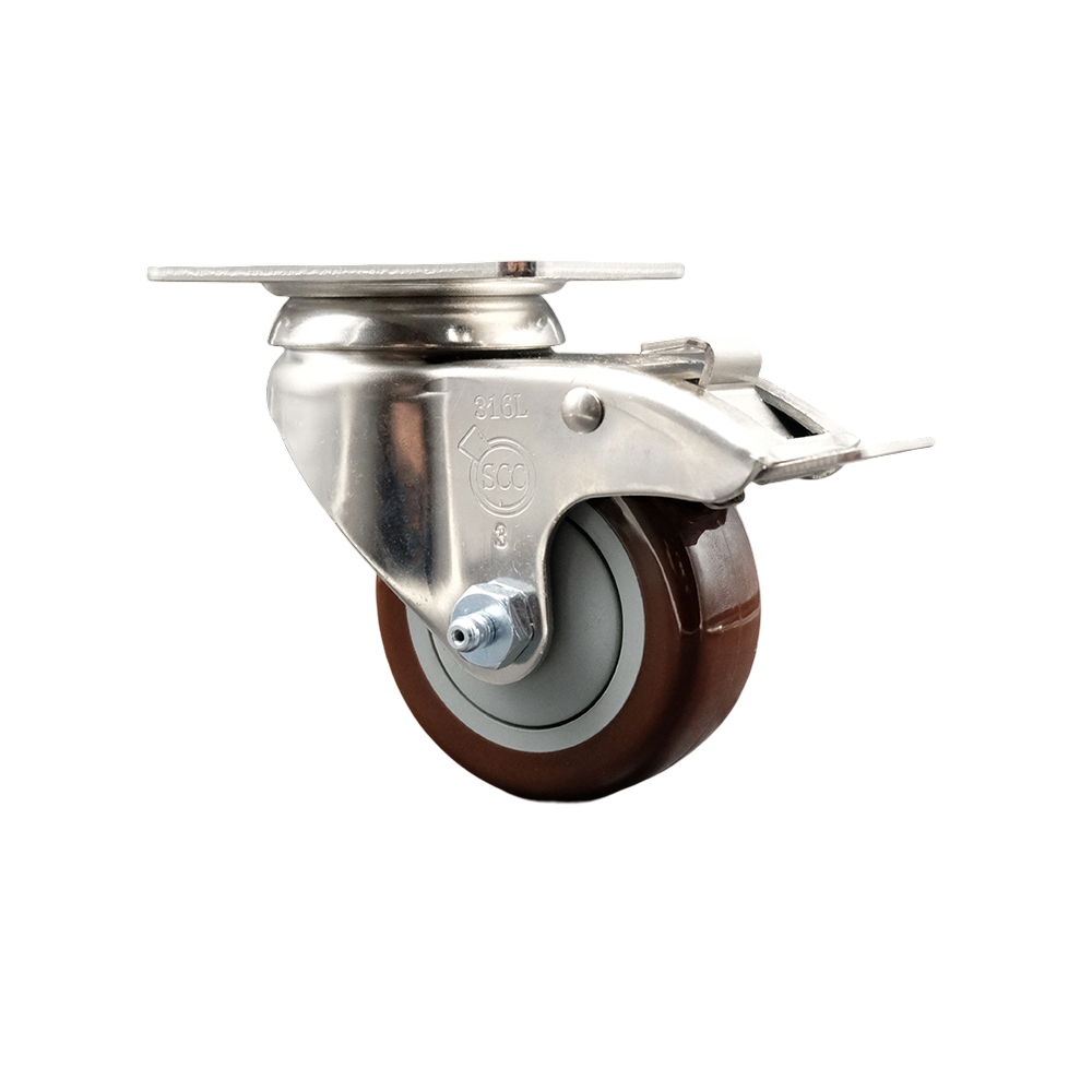 SCC-SS316TTL20S3514-PPUB-MRN Polyurethane Swivel Top Plate Caster with 3.5 in. 316 Stainless Steel Maroon Caster Wheel & Total Lock Brake