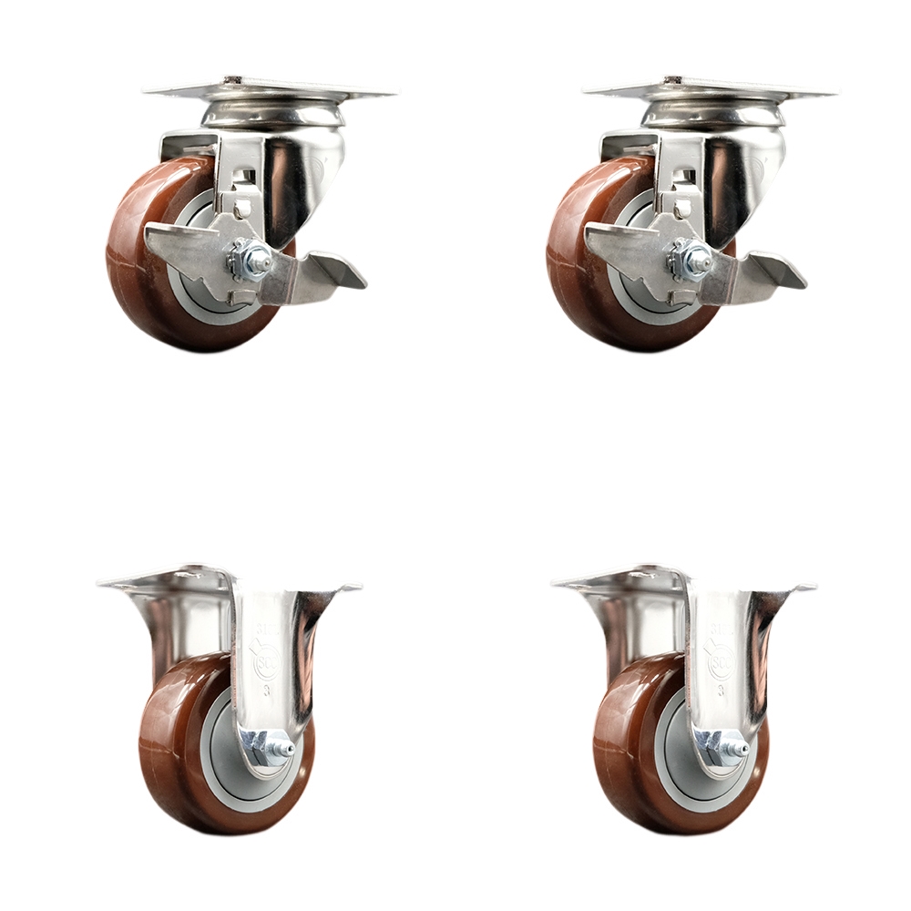 SCC-SS31620S3514-PPUB-MRN-TLB-2-R-2 Polyurethane Swivel Top Plate Caster with 3.5 in. 316 Stainless Steel Maroon Wheels - Set of 4