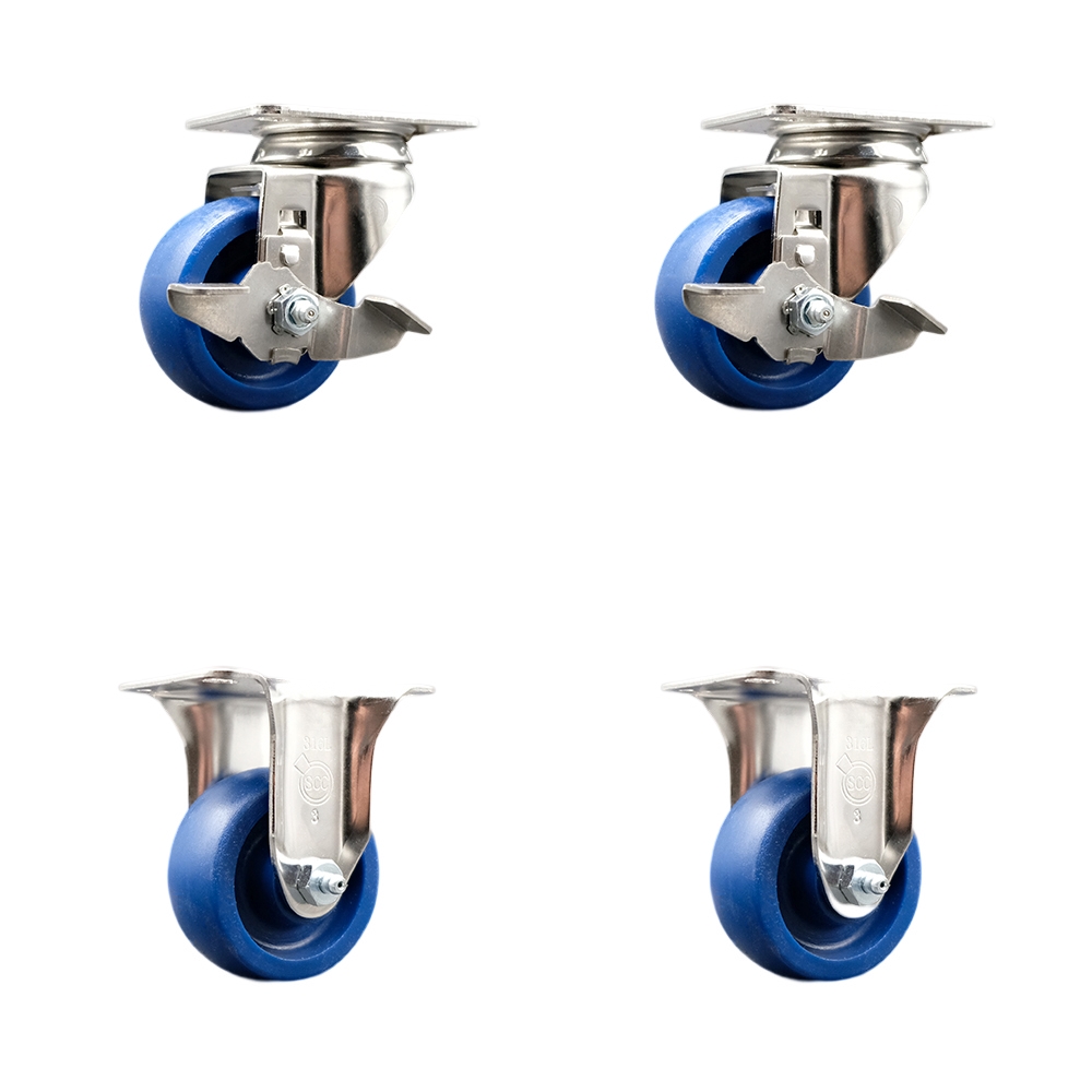 SCC-SS31620S314-SPUS-TLB-2-R-2 Solid Polyurethane Swivel Top Plate Caster with 3 in. 316 Stainless Steel Blue Wheels - Set of 4