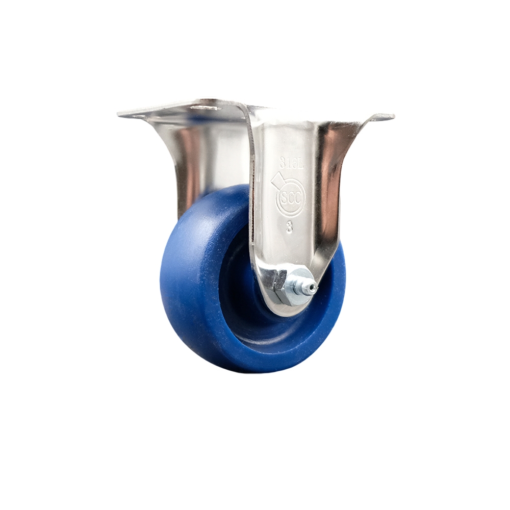 SCC-SS31620R3514-SPUS Solid Polyurethane Rigid Top Plate Caster with 3.5 in. Blue Caster Wheel - 316 Stainless Steel Caster