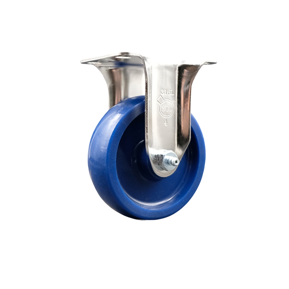 SCC-SS31620R414-SPUS Solid Polyurethane Rigid Top Plate Caster with 4 in. Blue Caster Wheel - 316 Stainless Steel Caster
