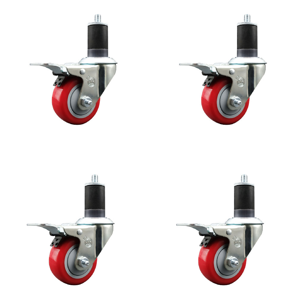 Stainless Steel Polyurethane Swivel Expanding Stem Caster with 3 in. Red Wheels & 1.63 in. Stems 4 Swivel with Total Locking Brakes - Set of 4