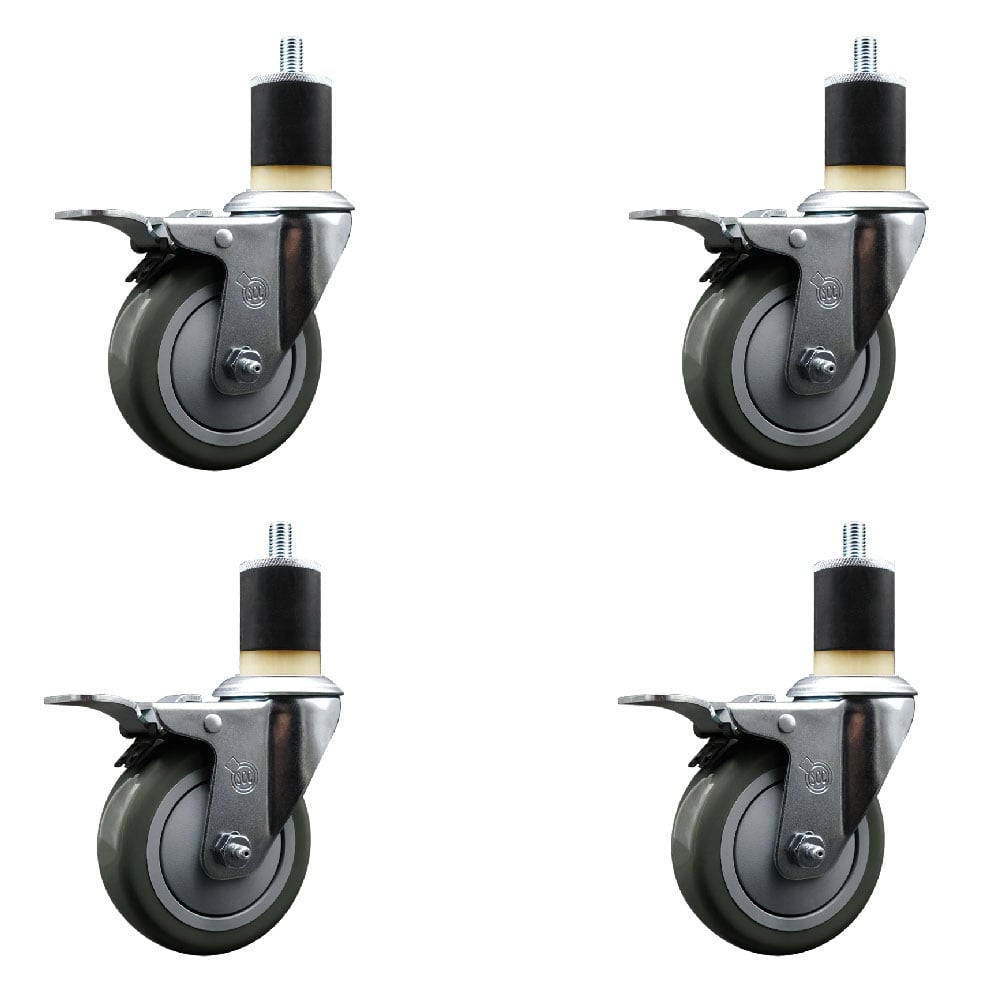 Stainless Steel Polyurethane Swivel Expanding Stem Caster with 4 in. Gray Wheels & 1.87 in. Stems 4 Swivel with Total Locking Brakes - Set of 4