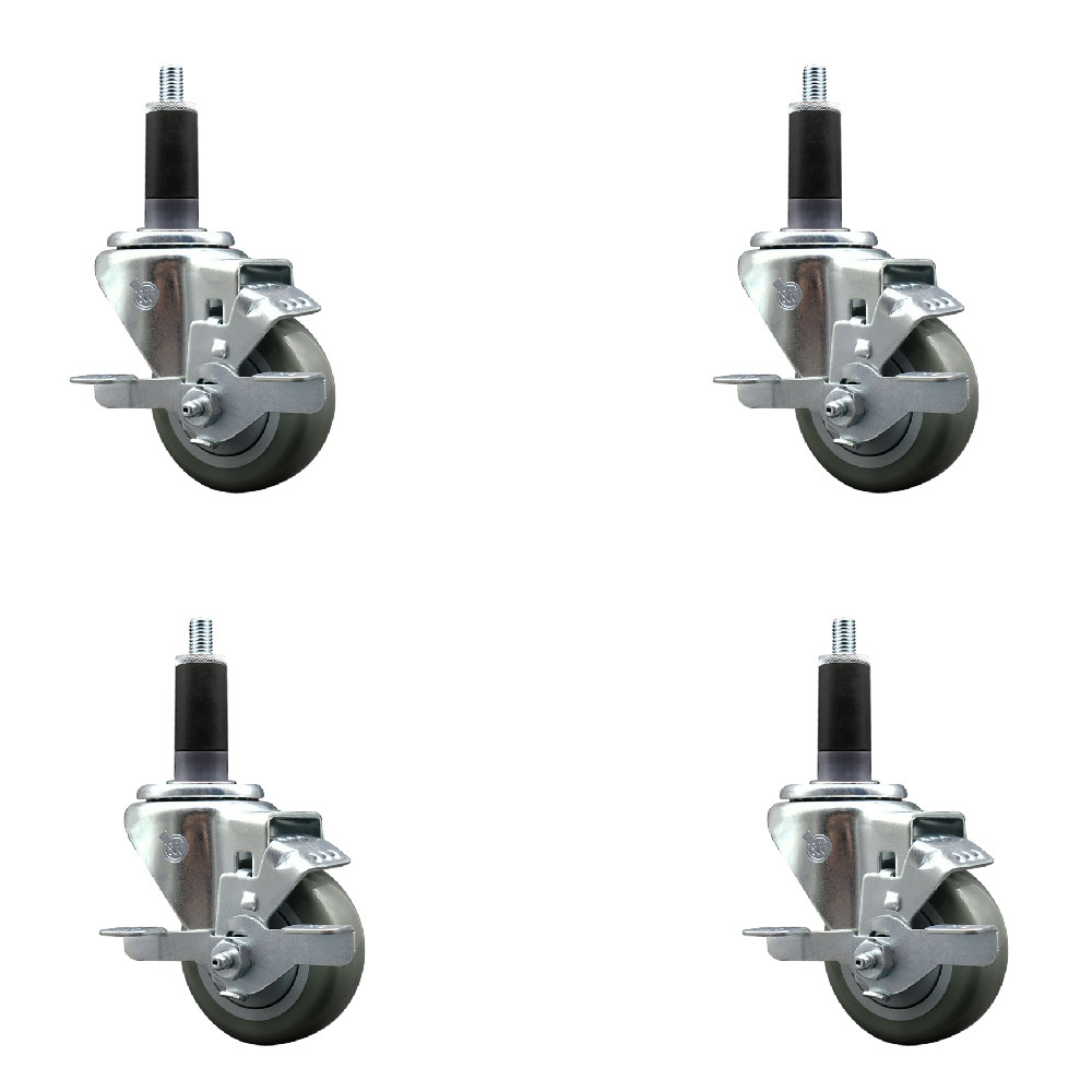 Stainless Steel Polyurethane Swivel Expanding Stem Caster with 3 in. Gray Wheels & 1.13 in. Stems 4 Swivel with Top Locking Brakes - Set of 4