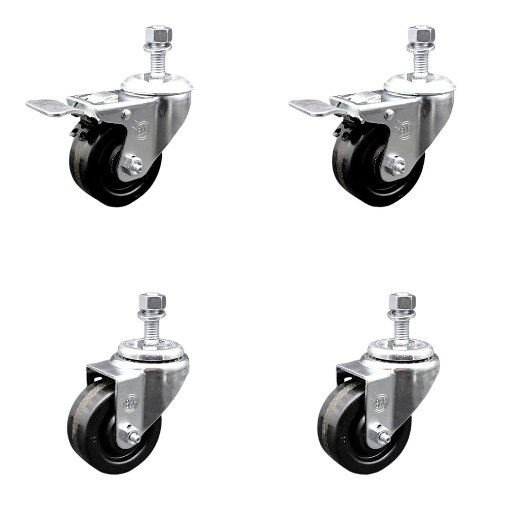 SCC-TSTTL20S314-PHS-M1215-2-S-2 Phenolic Swivel Threaded Stem Caster with 3 x 1.25 in. Black Wheels & 12 mm Stems - Set of 4