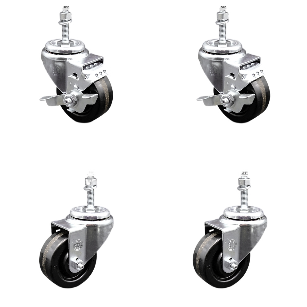 SCC-SSTS20S314-PHS-381615-2-TLB-2 Stainless Steel Phenolic Swivel Threaded Stem Caster with 3 x 1.25 in. Black Wheels & 0.38 in. Stems - Set of 4