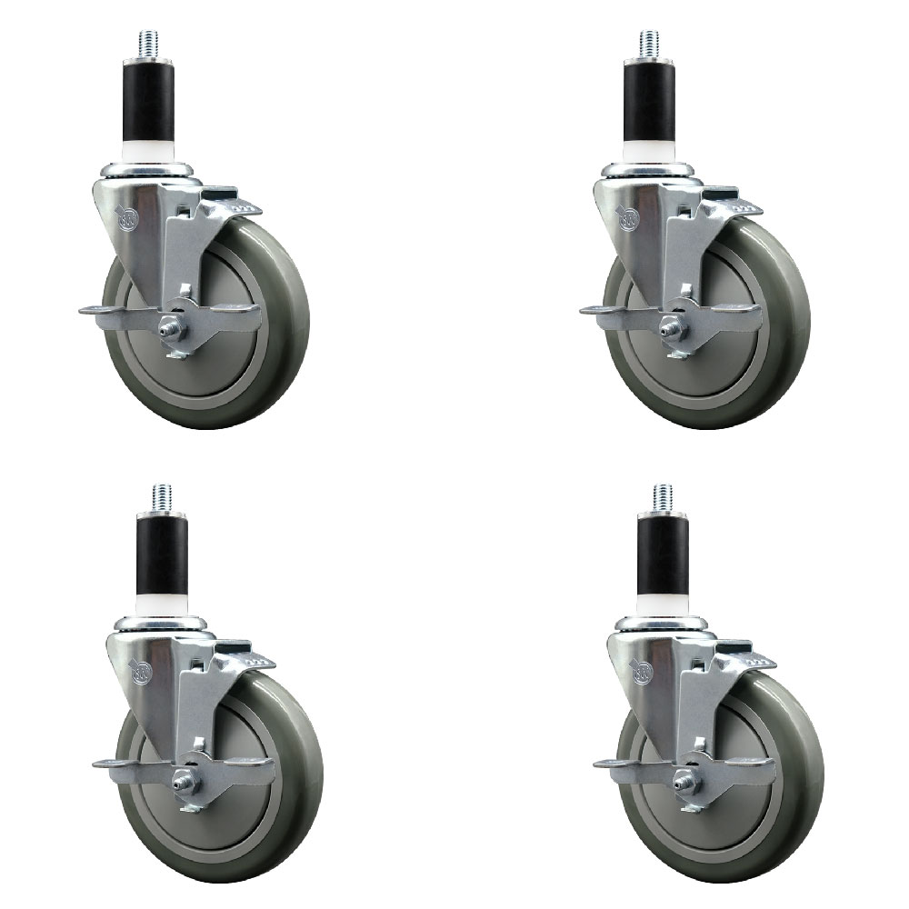 Stainless Steel Polyurethane Swivel Expanding Stem Caster with 5 in. Gray Wheels & 1.38 in. Stems 4 Swivel with Top Locking Brakes - Set of 4