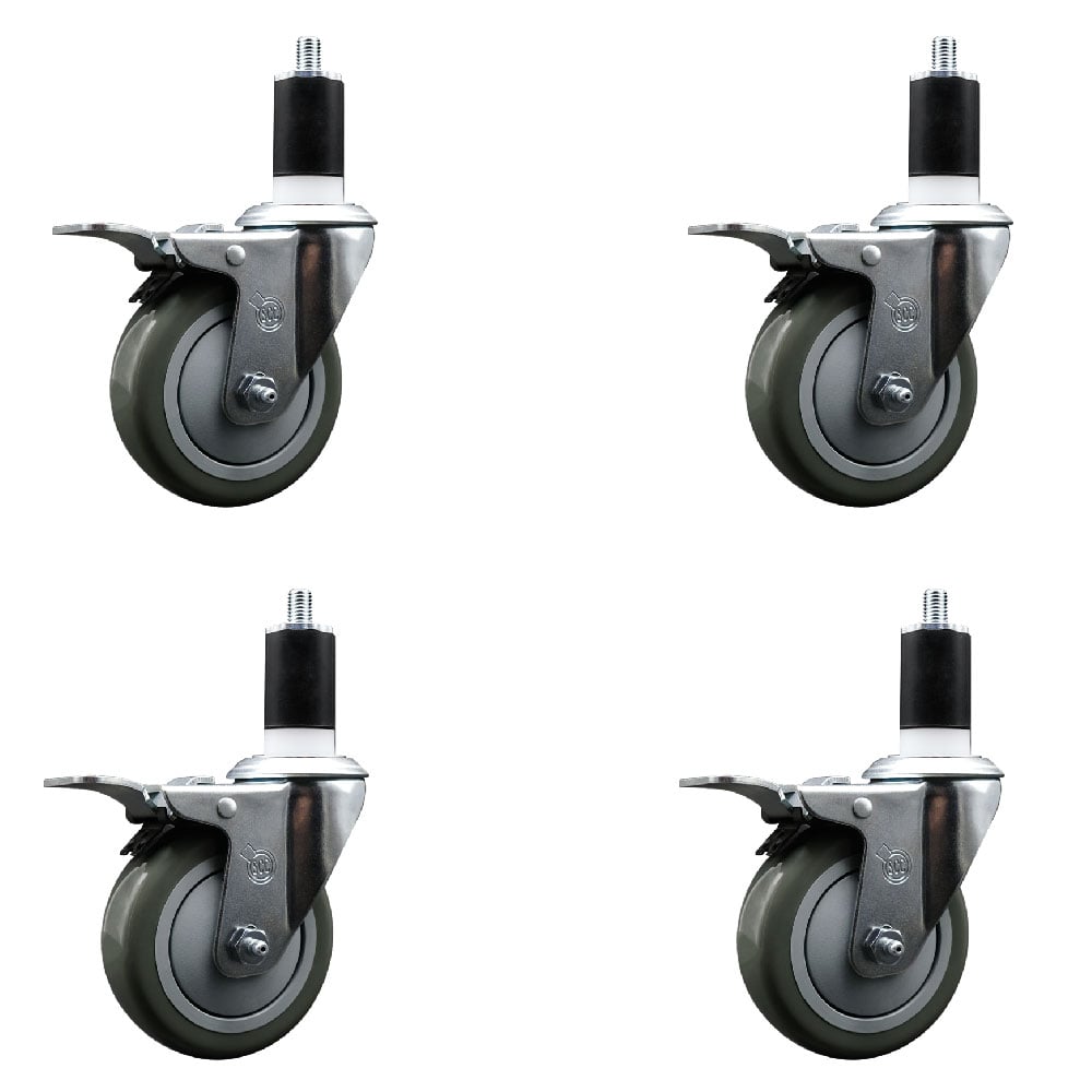 Stainless Steel Polyurethane Swivel Expanding Stem Caster with 4 in. Gray Wheels & 1.5 in. Stems 4 Swivel with Total Locking Brakes - Set of 4