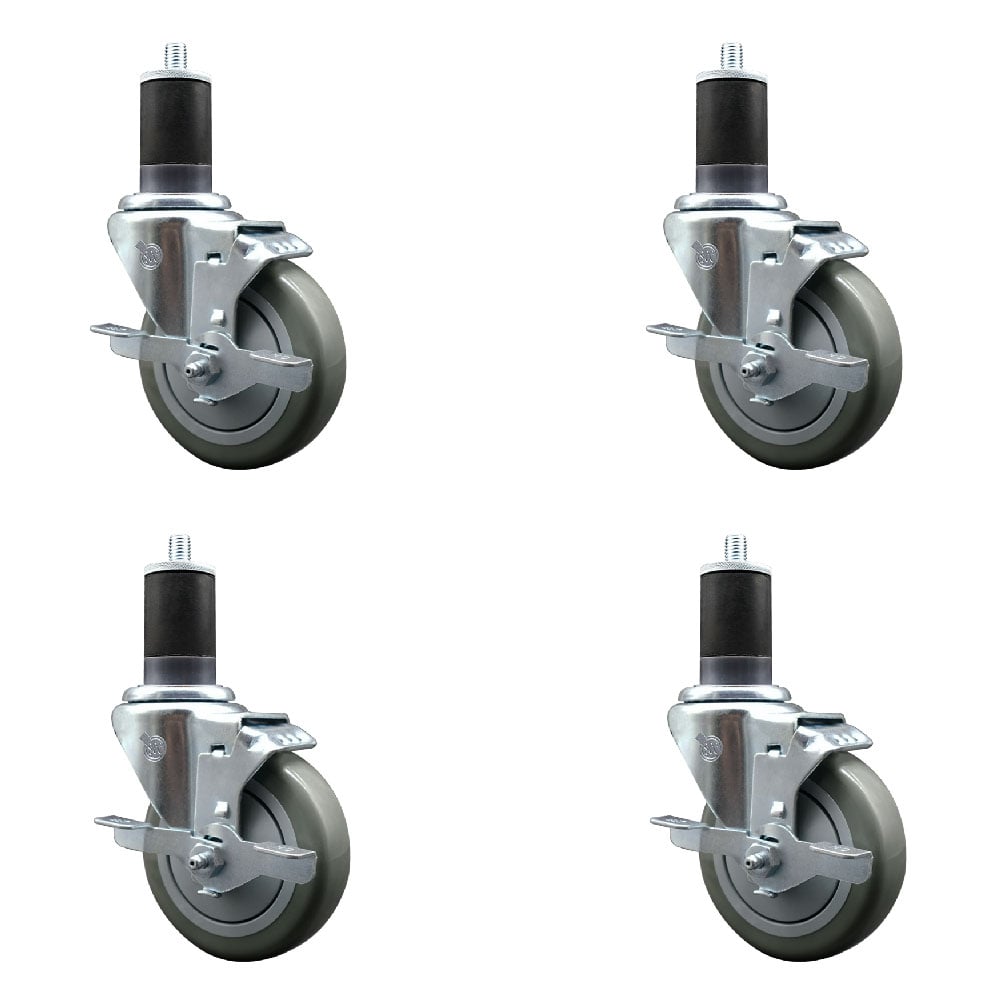 Stainless Steel Polyurethane Swivel Expanding Stem Caster with 4 in. Gray Wheels & 1.63 in. Stems 4 Swivel with Top Locking Brakes - Set of 4