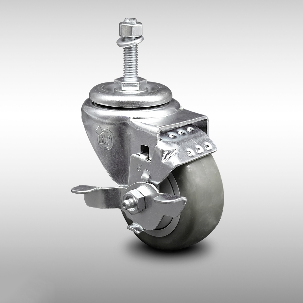 Stainless Steel Polyurethane Swivel Threaded Stem Caster with 3.5 x 1.25 in. Gray Wheel & 0.38 in. Stem & Top Locking Brake
