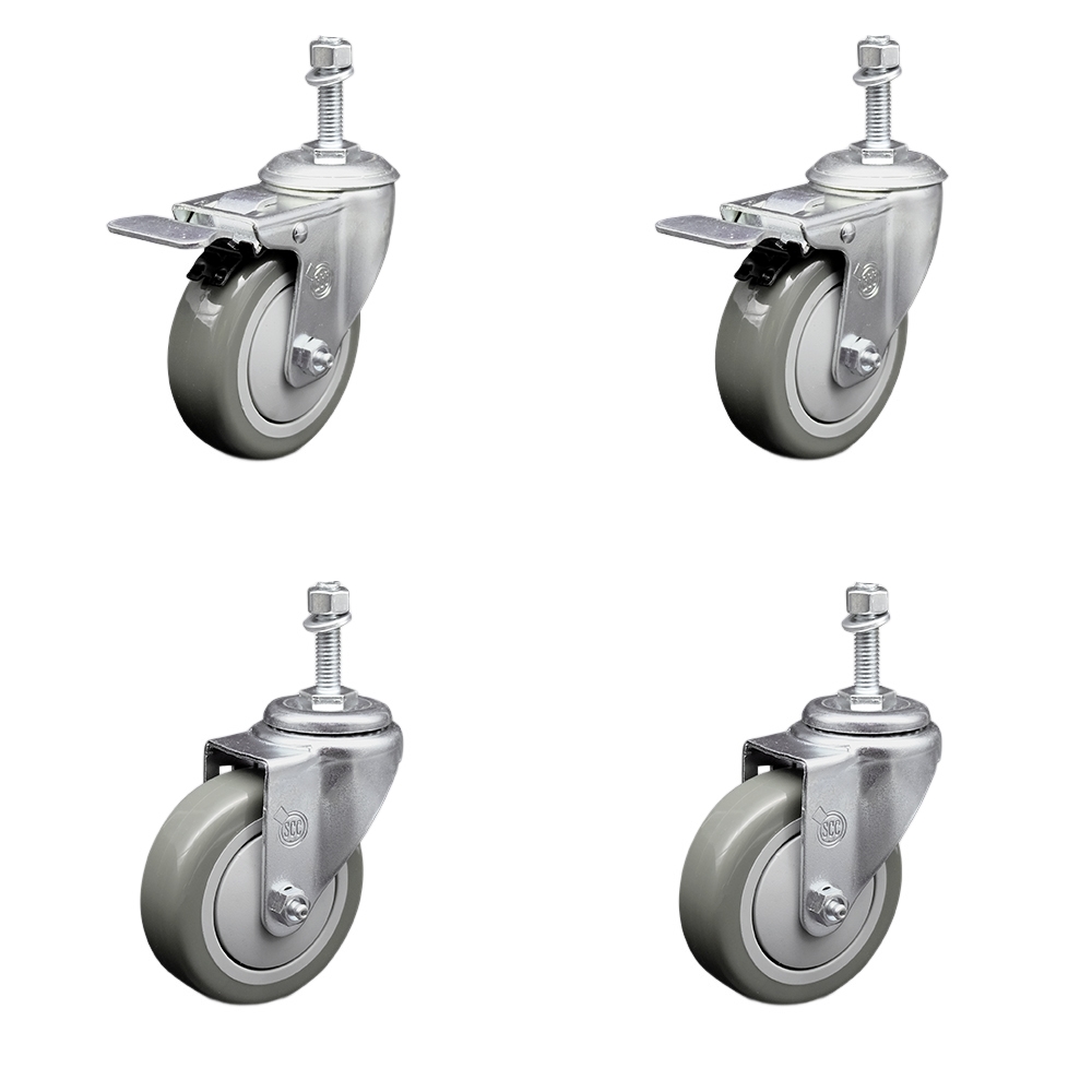 Stainless Steel Polyurethane Swivel Threaded Stem Caster with 4 x 1.25 in. Gray Wheels & 0.38 in. Stems - Set of 4