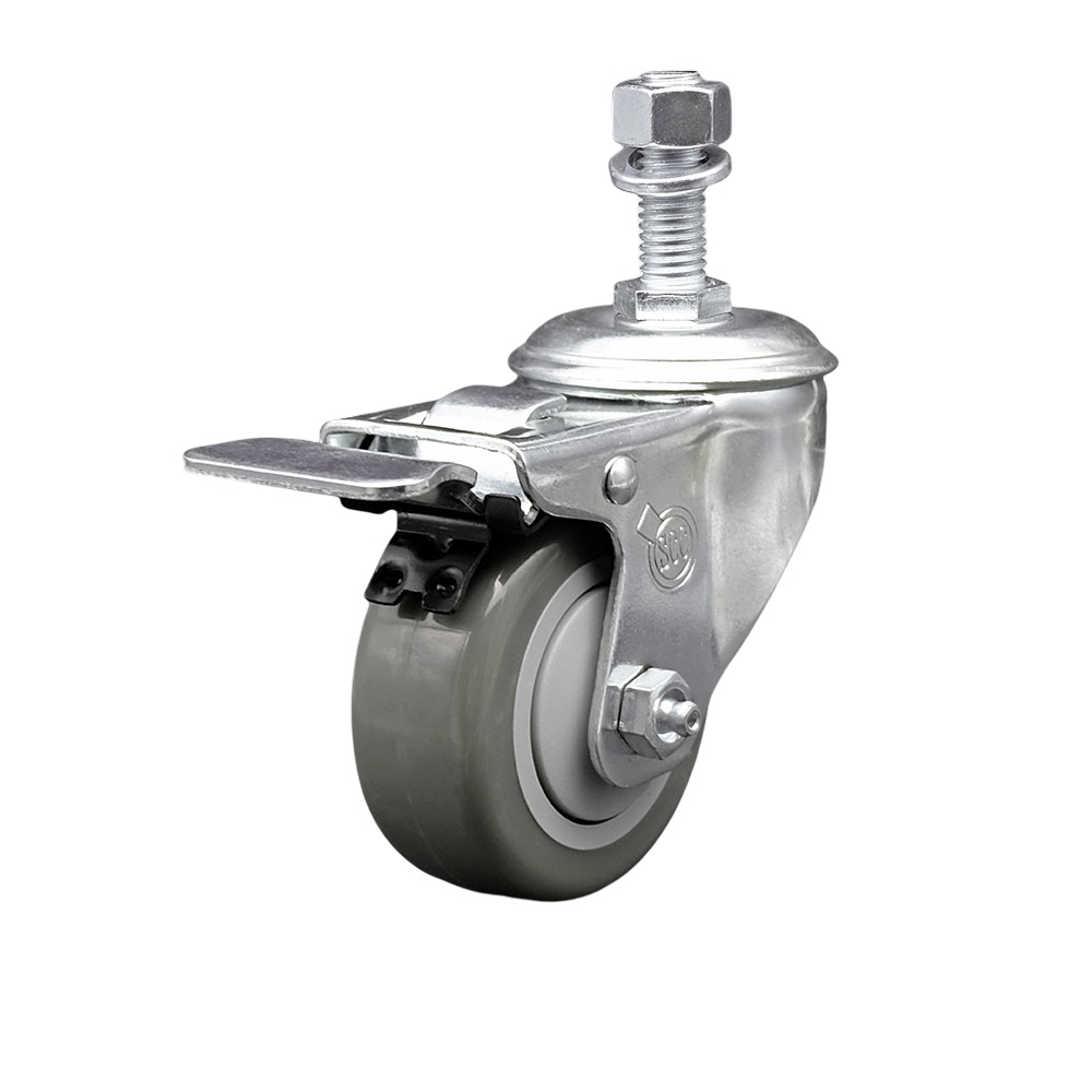 Stainless Steel Polyurethane Swivel Threaded Stem Caster with 3.5 x 1.25 in. Gray Wheel & 12 mm Stem & Total Locking Brake
