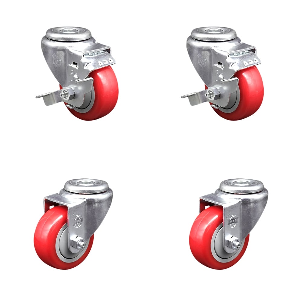 SCC-BH20S314-PPUB-RED-TLB-2-S-2 Polyurethane Swivel Bolt Hole Caster with 3 x 1.25 in. Red Wheels - Set of 4