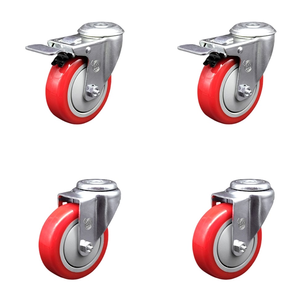 SCC-BHTTL20S414-PPUB-RED-2-S-2 Polyurethane Swivel Bolt Hole Caster with 4 x 1.25 in. Red Wheels - Set of 4