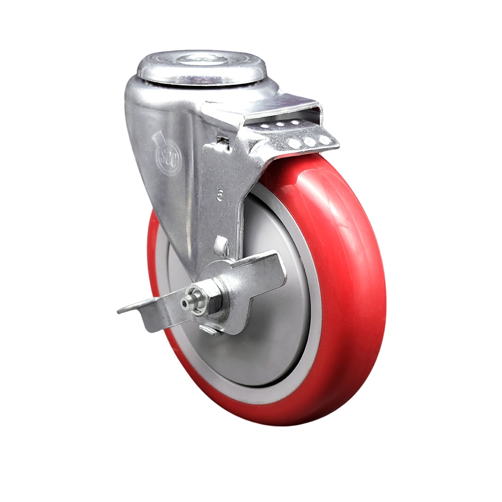 SCC-BH20S514-PPUB-RED-TLB Polyurethane Swivel Bolt Hole Caster with 5 x 1.25 in. Red Wheel & Top Locking Brake