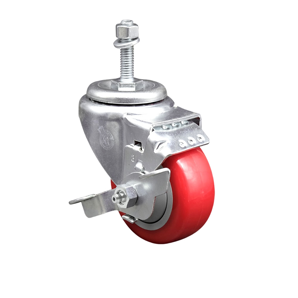 SCC-TS20S314-PPUB-RED-TLB-381615 Polyurethane Swivel Threaded Stem Caster with 3 x 1.25 in. Red Wheel & 0.38 in. Stem & Top Locking Brake