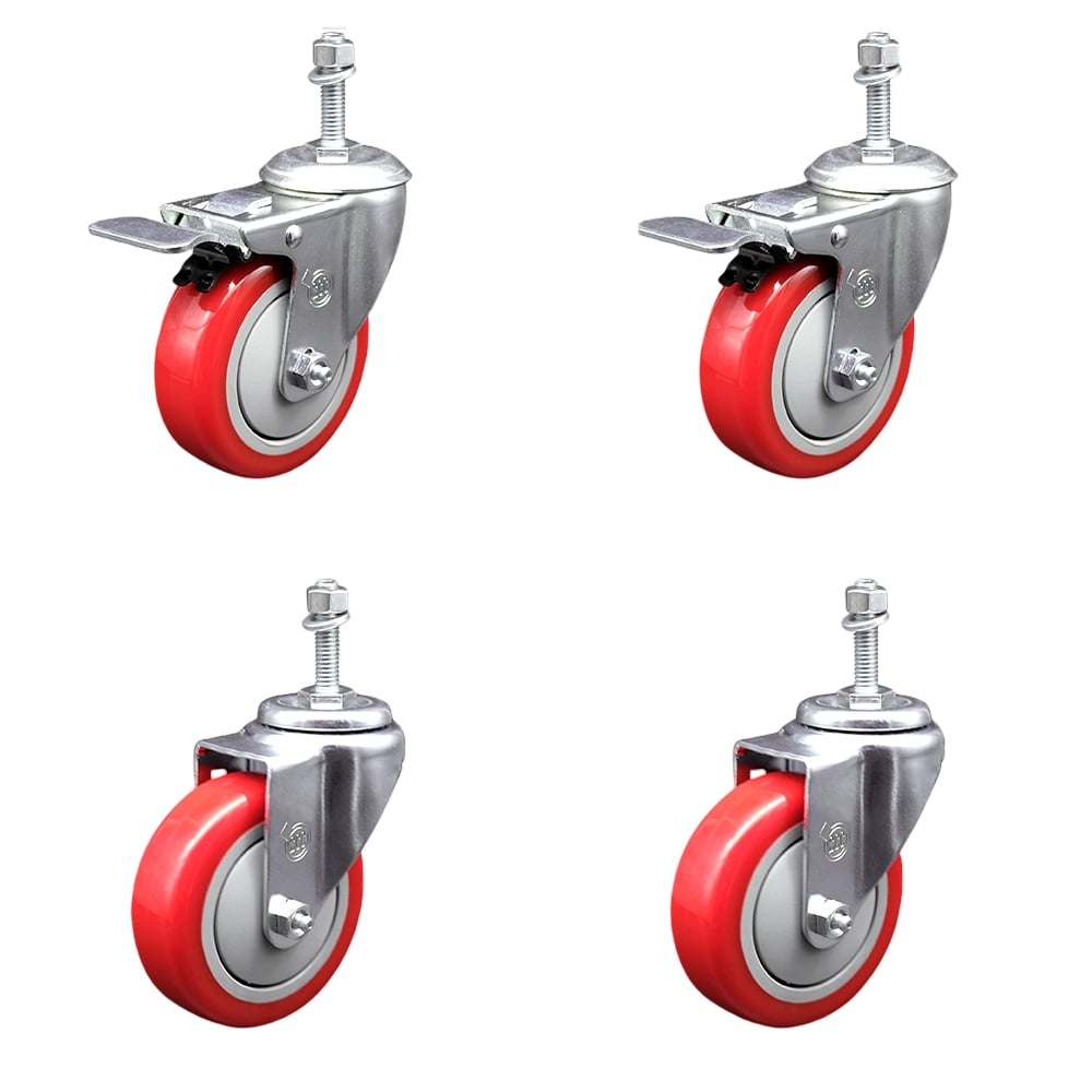 SCC-TSTTL20S314-PPUB-RED-381615-2-S-2 Polyurethane Swivel Threaded Stem Caster with 3 x 1.25 in. Red Wheels & 0.38 in. Stems - Set of 4